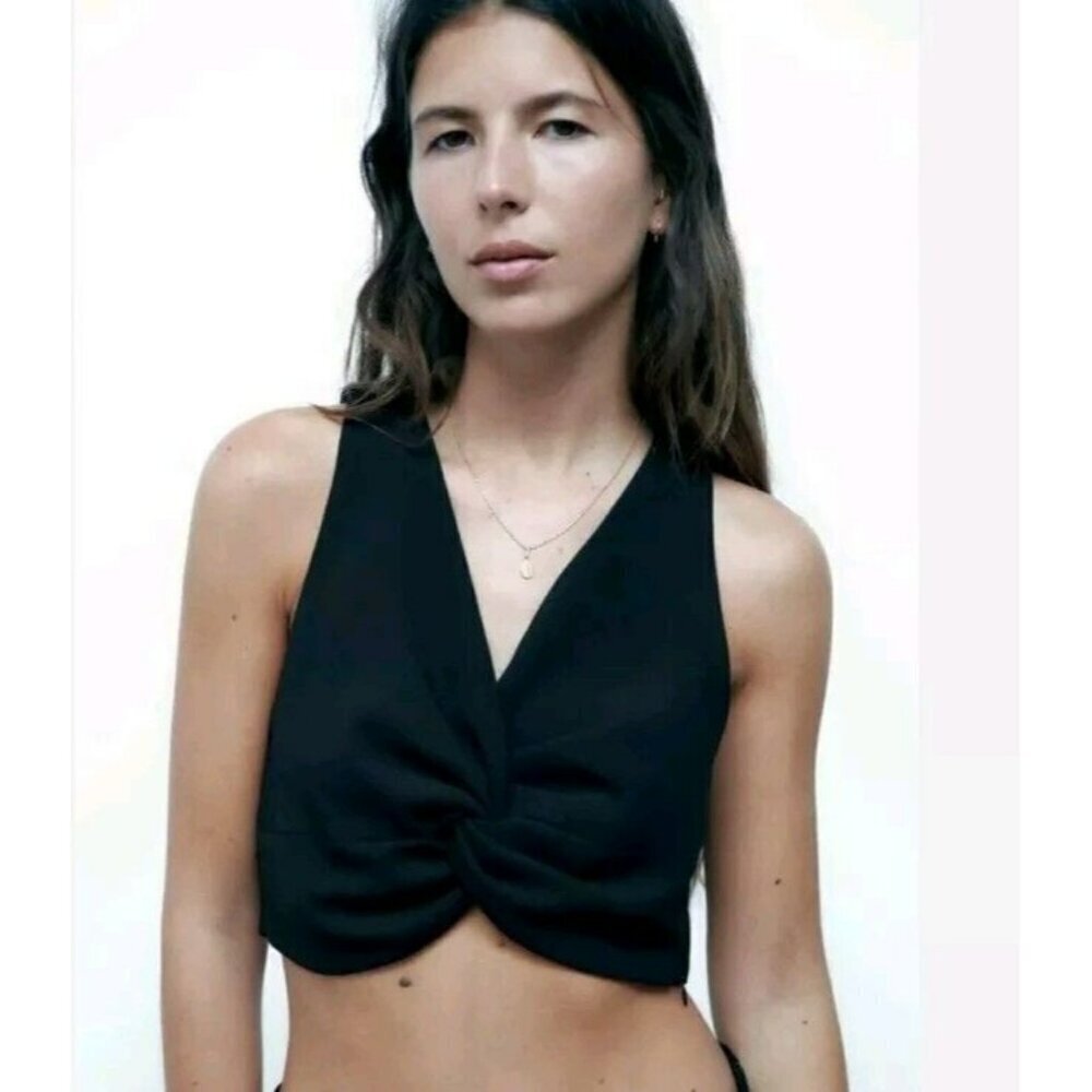 NEW ZARA BLACK KNOTTED CROP TOP SLEEVELESS V NECK SIDE ZIP SIZE M 2597 187
